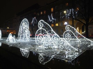Illuminated Christmas ornaments at the city center of Szczecin Poland	
