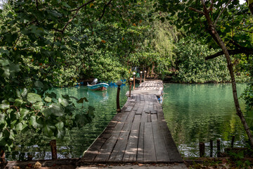 Wooden pontoon bridge crossing a lagoon in a Thailand jungle