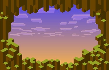 Cubic pixel game level background, vector frame of stone blocks and purple cloudy sky. Eight bit gaming interface, retro border or backdrop with rocks and heaven view from cave, 2d game technology