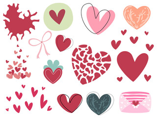 Fototapeta na wymiar Heart-shaped elements in red-pink tones designed in doodle style for decoration, valentine's day, card, cover, mug, sticker, web design, father's day, mother's day, love letter and more.