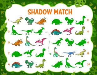 Shadow match game, cartoon funny dinosaurs. Find a dino silhouette kids vector riddle with cute jurassic period animals. Children logic, mind development puzzle or task, educational activity worksheet