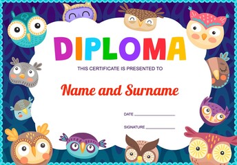 Funny cartoon owls and owlets kids diploma. Vector certificate template, educational school or kindergarten frame cute birds characters, graduation or achievement award border design for children