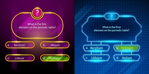 Quiz game questions or test menu choice templates with answers, vector background. Quiz game or trivia contest TV show layout with neon answer options in number frames for knowledge quiz quest