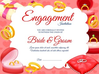Engagement invitation with golden rings for wedding or marriage, vector background. Engagement invite with bride and groom names template, diamond rings on pink pillows and love hearts