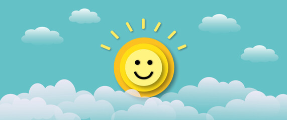 Happy face of sun with cloud on blue sky background. Concept for positive thinking, mental health assessment, world mental health day. space for the text. paper art design style.