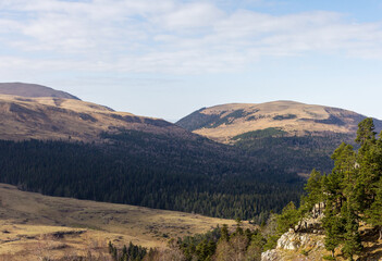 A stone plateau in a mountainous area, autumn, cloudy day.
