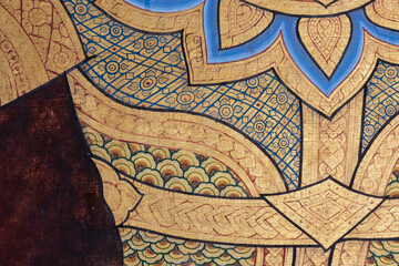 Ancient Thai pattern on wall in Thailand Buddha Temple , Asian Buddha style art.