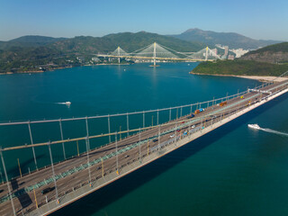 Drone fly over the Tsing Ma and Ting Kau bridge