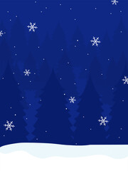 Fototapeta na wymiar Outdoor fir forest snow scene at night in Winter. Night landscape with snow. Blue blackground with snowflake and fir.Christmas vector illustration. 