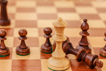 Chess, White Queen beating  black king on chessboard , good defeats evil concept, Success, business strategy, victory, tactics, defeat.
