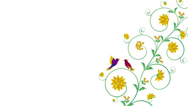 小鳥のカップルとクラシックな蔓と花とのイラスト動画