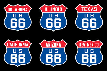 set of route us 66 american highway sign color