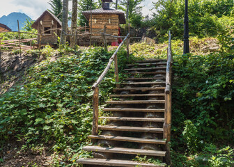 Old wooden steps in a green forest in mountains