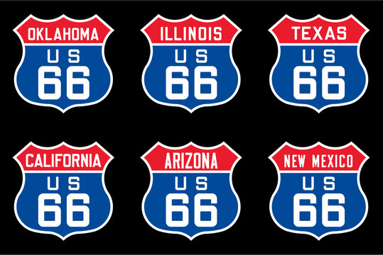 set of route us 66 american highway sign color