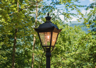 Fototapeta na wymiar Classic black lantern light bulb on background of the forest and sky