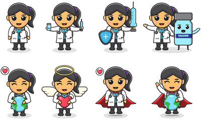 Vector illustrations of Cute Girl doctor. Adorable kids doctor set. Smiling little Girl dressed as doctors.
