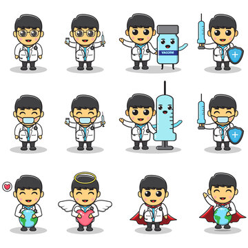 Adorable kids doctor set. Vector illustrations of Cute Boys doctor. Smiling little Boy dressed as doctors.