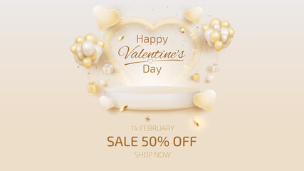 Valentine day scene with podium for product display, Heart shape elements, glitter light effects.