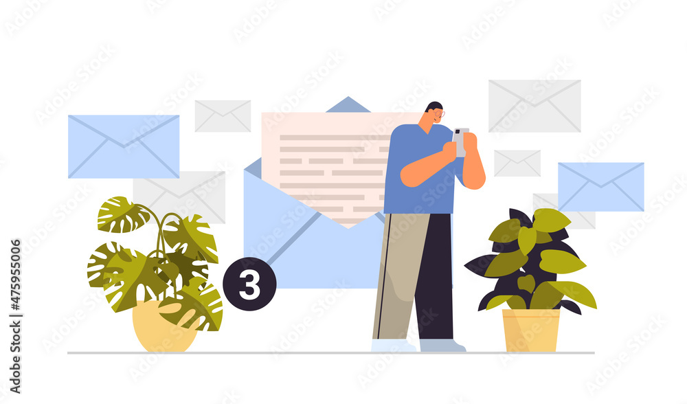 Poster businessman sending or receiving letters on smartphone email inbox message notification new unread m
