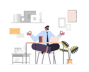 businessman sitting lotus pose at workplace business man doing yoga exercise meditation relaxation concept
