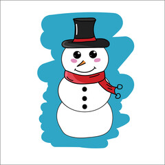 Super cute snowman on christmas day with red scarf and black hat on white and blue background