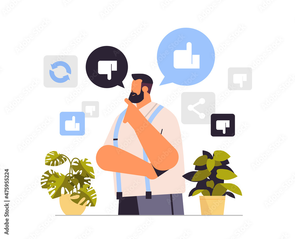 Aufkleber man with social media likes and dislikes icons internet network community concept horizontal portrai