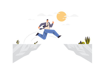 businessman jumping over cliff gap mountain business risk success challenge courage determination motivation