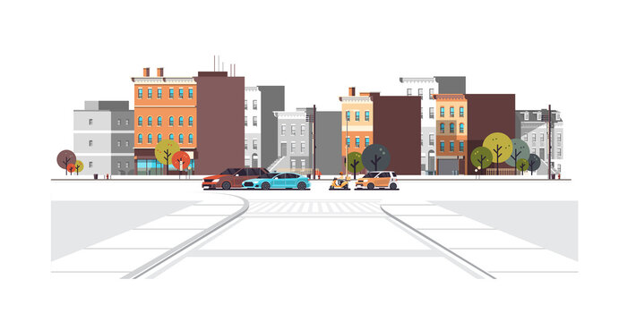 cars parking along city street modern cityscape background horizontal flat