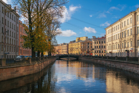 Embankment of the Griboyedov Canal on a sunny autumn morning, Saint Petersburg, Russia