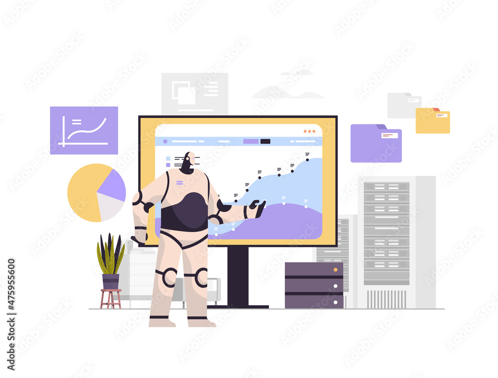 Poster robot monitoring financial statistics data monitor robotic character analyzing graphs and charts art