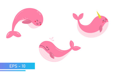 Set of cute pink whale in delicate pink colors and splashes water. Proud and sweet. Vector illustration.