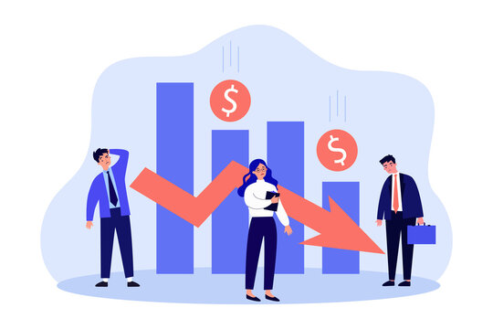 Business people with falling chart of stock market. Frustration of tiny people from losing money flat vector illustration. Bankruptcy, finance concept for banner, website design or landing web page