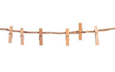 Clothespins with the rope on a white background