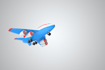 3D rendering blue miniature flying plane toy on a white isolated background