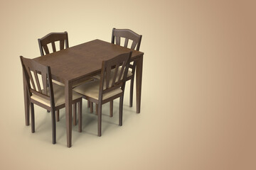 3D rendering wooden chairs and table on a gold isolated background