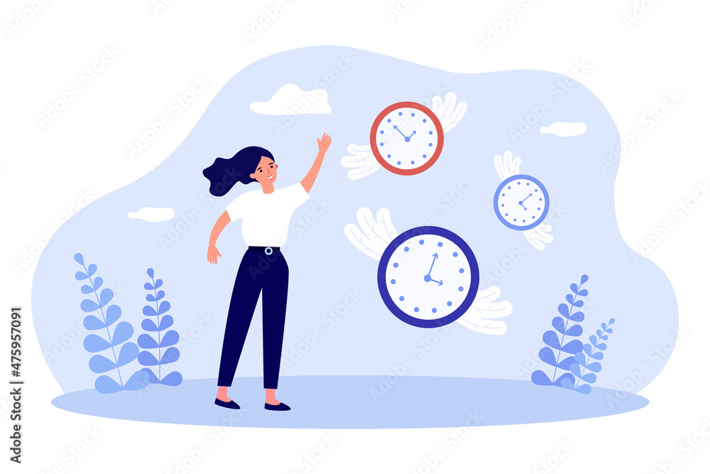 Wall mural clock with wings flying into sky and businesswoman. lost and lack of time of tiny woman flat vector  - Wall murals