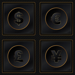 Currency symbol. Web buttons isolated on black background. Vector illustration.