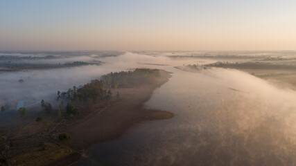 Aerial view lake landscape mist in the morning winter Sakon Nakhon, Thailand.