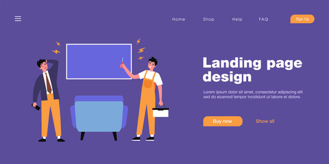 Happy handyman repairing television monitor. Home, screwdriver, repairman flat vector illustration. Service and maintenance concept for banner, website design or landing web page