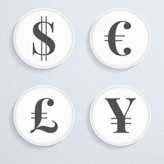 Currency symbol icons collection set. Dollar, euro, pound, yen. Vector illustration.