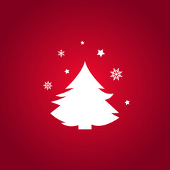 Black Christmas fir tree with stars and snowflakes on red background.