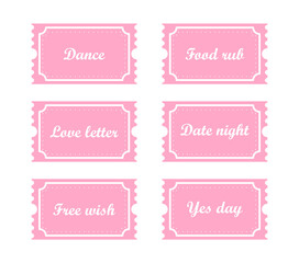 Valentines coupons. Love night tickets. Best gift for boyfriend. Present for couples. Vector cards templates in cartoon style.