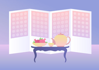 Korean traditional folding screen and tea table.