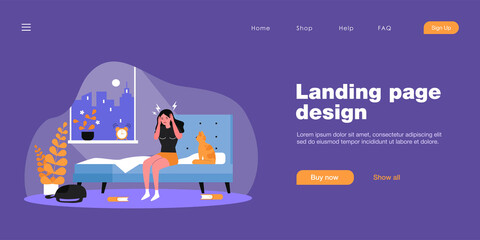 Woman waking up with splitting headache. Young female character touching head in morning, cat sitting on floor flat vector illustration. Migraine concept for banner, website design or landing web page