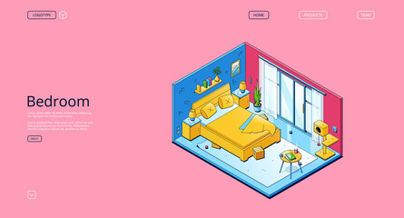 Bedroom banner. Isometric empty room for sleep and relax in apartment, house or hotel. Vector landing page with illustration of home interior with modern furniture, bed and scratching post for cat