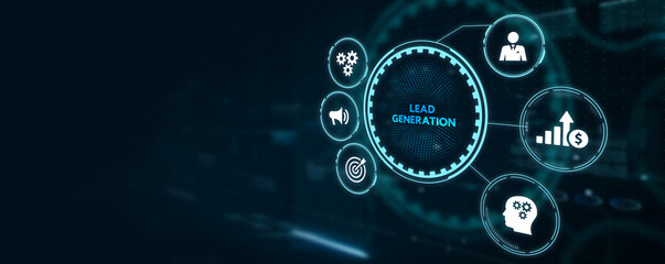 Business, technology, internet and networking concept. Young entrepreneur showing keyword: Lead generation 3d illustration