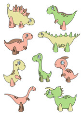 Vector collection of isolated illustrations. Clip art with nine cartoon little dinosaurs in gentle colors. Cute children’s characters. Nice illustration for stickers, cards, pattern, kids room decor