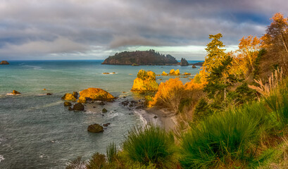 Beautiful Pacific coastline in California, Trinidad Bay, in golden hour