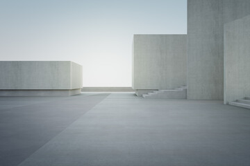 Empty concrete floor for car park. 3d rendering of abstract gray building with clear sky background. - obrazy, fototapety, plakaty