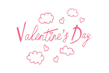valentines day text and clouds and hearts hand drawn doodle. vector, scandinavian, minimalism. card, banner, poster. love, wedding, romance, accessory, decoration.